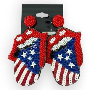 Beaded Patriotic American Flag Statement Earrings Red White‎ Blue USA Stars